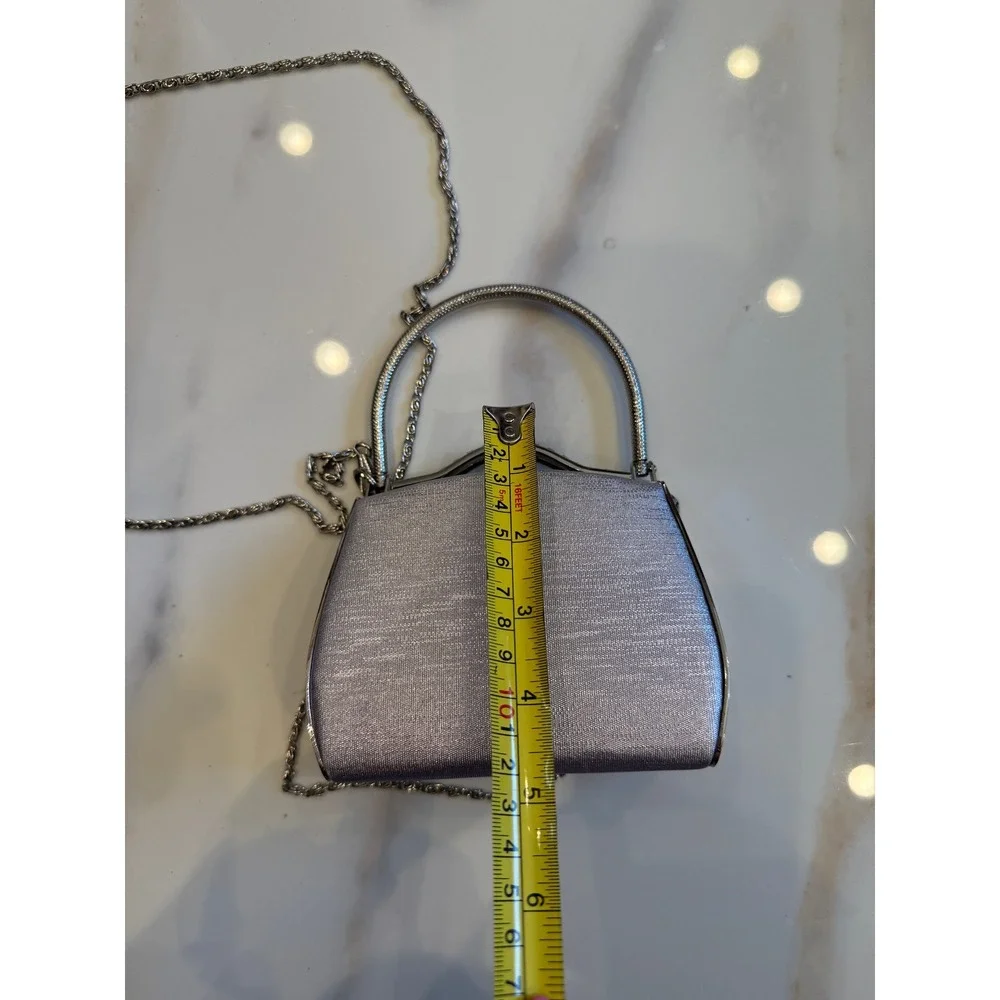 Lavender Satin Rhinestone Evening Bag Mini Handbag‎ Crossbody Silver Chain